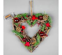 SHATCHI Prelit Battery Operated Christmas Home Hanging Wooden Twigs Base Decorated Baubles,Berries, Foliage,Pine Cones, Micro Rice LED Lights, Wood, Red Stars, Heart-30cm