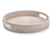 30cm Round Rattan Tray, Woven Serving Tray with Cut - Out Handles, Wicker Serving Basket by YANGQIHOME, Whitewash