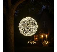 30CM Silver Christmas Hanging Ball with 160 Warm White Micro LEDs - Shimmering Metallic PVC Finish, 5M Cable, BS IP20 Transformer - Festive Outdoor Hanging Light Decoration