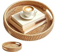 30cm Wicker Serving Tray Round with Handles, Round Coffee Table Tray | Openwork Handles,Minimalist and Natural,Easy Maintenance,for Snack, Bread, Drink, Coffer, Tea