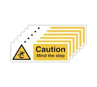 30cm x 10cm Pack of 6 Caution Mind The Step Signs and Labels - Self Adhesive Polypropylene - Laminated Waterproof Stickers for Floor or Window