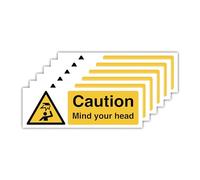 30cm x 10cm Pack of 6 Self-Adhesive Caution Mind Your Head Sign - Waterproof Polypropylene (PP) Glossy-Laminated Stickers