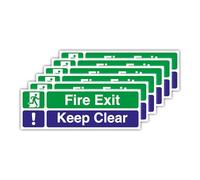 30cm x 10cm Pack of 6 Self Adhesive Fire Exit Keep Clear Signs - Waterproof Safety Stickers, Easy to Apply Labels for Doors & Walls