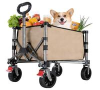 30L Festival Trolley on Wheels, Folding Wagon, Portable Mini Camping Cart, Small Trolley Foldable for Beach Outdoor Garden Shopping, Side-Opening, Wide Wheels, Adjustable Handle, Khaki