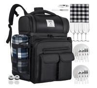 30L Picnic Backpack, 4 Person Cooler Backpack with 2 Insulated Leakproof Cooler Compartment, Lunch Bag with 4 Cutlery Sets, Wine Holder, Fleece Blanket, Picnic Bag Perfect for Beach, Camping, Hiking