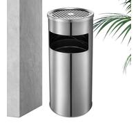 30L Stainless Steel Trash Can with Integrated Ashtray - Large Capacity Waste Bin for Bathroom, Patio, Garden, Porch, Commercial Use, Hotel, Restaurant