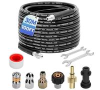 30M/100 FT Pressure Washer Hose - Compatible with Karcher Pressure Washer Gun, 400 Bar/5800PSI Drain Jetter for Pressure Washer Includes 2 adapters, 2 nozzles Kink Resistant