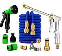 30M/100FT Expandable Garden Hose Pipe with Metal Spray Gun or 8-Function Sprinkler Lightweight Kink-Free Water Hose, Car Washing & Outdoor Use. (Blue, Hose Pipe with Metal Jet Spray & Sprinkler Gun)