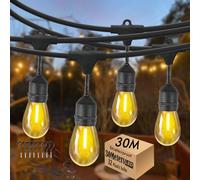 30M Festoon Lights Outdoor E27 IP65 Waterproof Festoon Lights Outdoor String Lights 4.4M Extension Cable Included, 30+2 Shatterproof S14 2700K Bulbs for Pergola Garden Backyard Fence, Linkable