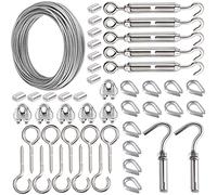 30M Garden Wire For Climbing Plants, AMLOOPH Picture Wire Heavy Duty Decking Rope Stainless Steel Cable Wire 2MM Fence Wire Rope Clips Turnbuckle Wire Tensioner For String Lights Hanging Kit(48pcs)