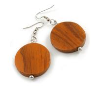 30mm Burnt Orange Painted Wood Coin Drop Earrings/Lightweight - 60mm L