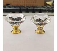 30mm Crystal Glass Door Knobs Diamond Cut Drawer Pull Handles with M4*22mm Screws for Cupboard Cabinet Wardrobe Home Decorating Gold Base Transparent