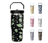 30oz Alien Tumbler with Handle and Flip Straw, Ufo Lover Stainless Steel Insulated Cup, Travel Coffee Mug Water Bottle, Birthday Mothers Day Chritmas Gifts for Women Men
