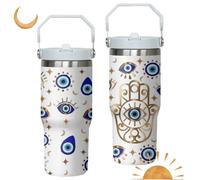 30oz Evil Eye Tumbler with Handle and Flip Straw, Evil Eyes Hand Stainless Steel Insulated Cup, Travel Coffee Mug Water Bottle, Birthday Gifts for Women Men
