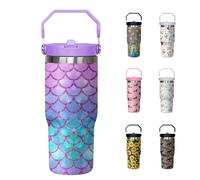 30oz Mermaid Tumbler with Handle and Flip Straw, Stainless Steel Insulated Cup, Travel Coffee Mug Water Bottle, Birthday Mothers Day Chritmas Gifts for Women Animal Lovers