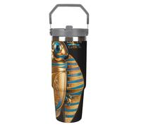 30oz Stainless Steel Insulated Tumbler with Flip Lid & Straw, Leakproof Travel Mug for Car, Egyptian Scarab Double Wall Vacuum Thermal Coffee Cup with Handle, Spill-Proof Design for Hot/Cold Drinks