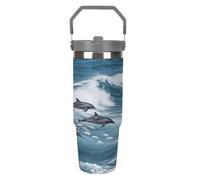 30OZ Stainless Steel Tumbler with Handle & Straw Lid - Vacuum Insulated for 12H Hot/Cold Tapered Design Fits Car Cup Holders Dolphin in The Seaprinting Insulated CupCamping & Gym Commute Essentials Un