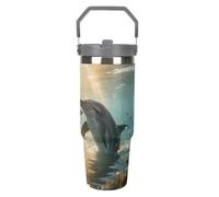 30OZ Stainless Steel Tumbler with Handle & Straw Lid - Vacuum Insulated for 12H Hot/Cold Tapered Design Fits Car Cup Holders Dolphin Under The Seaprinting Insulated CupCamping & Gym Commute Essentials