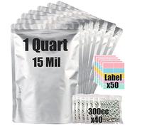 30pcs 1 Quart Mylar Bags for Food Storage (15 Mil Extra Thick 7.5 Mil Each Side) with Oxygen Absorbers 300CC (40pcs), 7"x10" Heat Sealable Zipper Mylar Bags for Long Term Food Storage