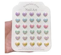 30Pcs 10 * 11mm Heart Grid Pattern Nail Art Accessories Sweet Girl Style 3D Simulation Wearable False Nails DIY Nail Art(Multi-Colored)