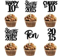 30PCS 10th Birthday Cupcake Toppers Black Glitter Forty Happy Straight Outta 2015 Cake Toppers Cheers to 10 Years Birthday Anniversary Party Decorations for Men Women (2015)