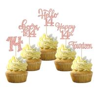 30Pcs 14th Birthday Cupcake Toppers Hello 14 Cupcake Picks Fourteen Cheers to 14 Years Old Cake Decorations for 14th Birthday Anniversary Party Supplies Rose Gold Glitter