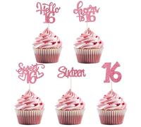 30Pcs 16th Birthday Cake Toppers, Happy 16th Birthday Cake Topper, Rose Pink Glitter Sweet 16 Cupcake Topper Decorations Cheers to 16 Birth Party Anniversary
