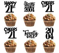 30PCS 21st Birthday Cupcake Toppers Black Glitter Forty Happy Straight Outta 2004 Cake Toppers Cheers to 21 Years Birthday Anniversary Party Decorations for Men Women (2004)