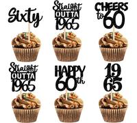 30PCS 60th Birthday Cupcake Toppers Black Glitter Forty Happy Straight Outta 1965 Cake Toppers Cheers to 60 Years Birthday Anniversary Party Decorations for Men Women (1965)
