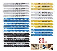 30Pcs 86/100mm U-Shank Jig Saw Blade Set,Carbon Steel 6/8/10/14/18/24/32TPI Assorted Saw Blades for Wood Metal Plastic Cutting