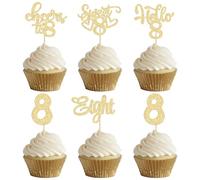 30Pcs 8th Birthday Cupcake Toppers Glitter Eight Hello 8 Cupcake Picks Cheers to 8 Years Old Cake Decorations for 8th Birthday Party Supplies Gold