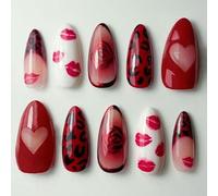 30Pcs ABS False Nails Featuring Red Kiss Rose Print for Parties Dates Everyday Beauty Almond Press on Nail
