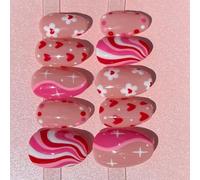 30Pcs ABS False Nails Jump Color Stripes Heart Flowers Romantics Valentine Theme Easy to Wear for Women Press on Nail