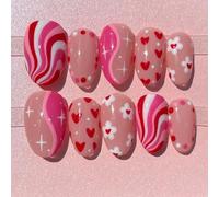 30Pcs ABS False Nails Jump Color Stripes Heart Flowers Romantics Valentine Theme Easy to Wear for Women ABS False Nails