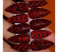 30Pcs ABS False Nails Red Cats Eye Black Heart Rose Romantics Valentine Theme Easy to Wear for Women Black Heart Rose Nails