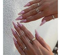 30Pcs Almond False Nails - French Tip Natural Pink Style - Medium Length Glossy Full Cover Press On Nails - Natural Full Cover Acrylic Oval Stick on Nails Reusable for Women and Girls