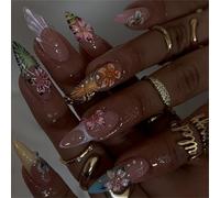 30pcs Almond Press On Nails Flower Design French Fake Acrylic False Artificial Glues On Womens Design False Nail
