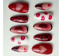 30Pcs Artificial Nails Featuring Red Kiss Rose Print in ABS Construction Fake Nails for Long Lasting Wear Unguis Art Set