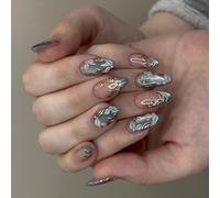 30Pcs Artificial Nails Matte Blue with Cats Eye Effect Silver Shimmering Floral Art Quick to Wear Mists Blue Presses on Nails