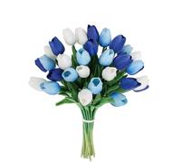 30pcs Artificial Tulips Flowers Fake Latex Tulip Stems - Real Touch Faux Colorful,for Easter Spring Wedding Bouquet Centerpiece Floral Arrangement Wedding Table Decor (Dark Blue, White, Light Blue)