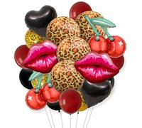 30Pcs Black and Red Party Decorations,Leopard Cheetah Print Balloons,Cherry Red Lips Foil Balloons for Birthday Party Romantic Confessions Kiss Retro Party Decorations
