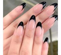 30Pcs Black Press on Nails with French Tip Design, Glossy Medium Almond Fake Nails French Nail Tips Solid Color Stick on Fingernails Nude False Nail Cute Exquisite Elegance Fashion Simple for Women