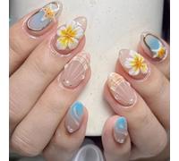 30PCS Blue 3D Floral Press on Artificial Nails with Whale and Leopard Patterns for Women Quick Apply False Nails