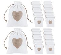 30Pcs Burlap Bags, 3x4 Inch Flax Gift Pouches with Heart, Jewelry Bags Drawstring for Sharing Love and Joy Jewelry Drawstring Gift Burlap