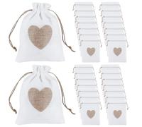 30Pcs Burlap Gift Bags, 3x4 Inch Flax Pouches with Heart, Drawstring Jewelry Bags for Sharing Love Joy