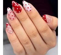 30PCS Candy Red Gloss Press On Nails - Retro Polka Dot Sweet Classic Color Nude Base Cute French Tip Remix - Minimal Pattern for Women Fashion Manicure Daily Wear (Candy Red Gloss)