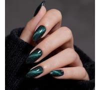 30Pcs Cat Eye False Nails,Cat Eye Emerald Green Crystal Gloss Short Square Press On Nails,Glitter Cat Eye Autumn ShortFalse Nails with Glue for Women,Full Cover Stick on Nails