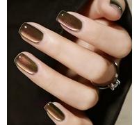 30Pcs Cat Eye False Nails,Gold Crystal Gloss Short Square Press On Nails,Glitter Cat Eye Autumn ShortFalse Nails with Glue for Women,Full Cover Stick on Nails (Cat Eye Brown Crystal)