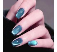 30Pcs Cat Eye False Nails,Mermaid Blue Cat Eye Press on Nails for Women,Mysterious Teal Shimmer Nails Halloween Parties Elements,Wearable Stick on Nail Art for Girls