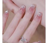 30Pcs Cat Eye False Nails, Pink Gradient French Tip Press on Nails, Short Square Fake Nails, Glitter Glue on Nail with Glue Stickers, Full Cover Artificial Stick on Nail for Women and Girls Nail Art